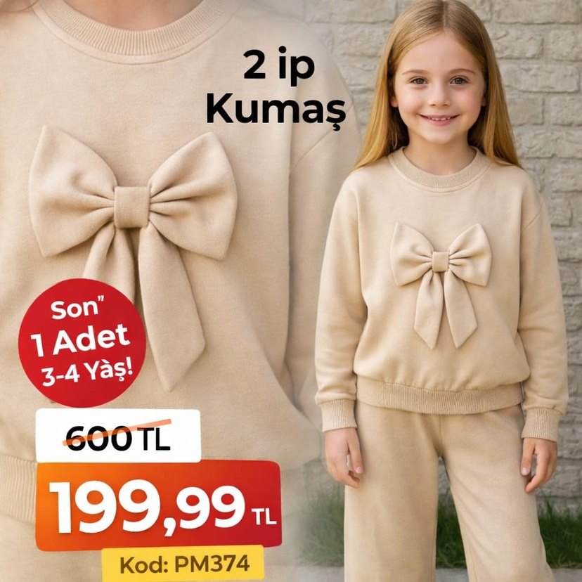 Kız Çocuk Haki Fiyonklu Sweatshirt ve Pantolon - Görsel 2