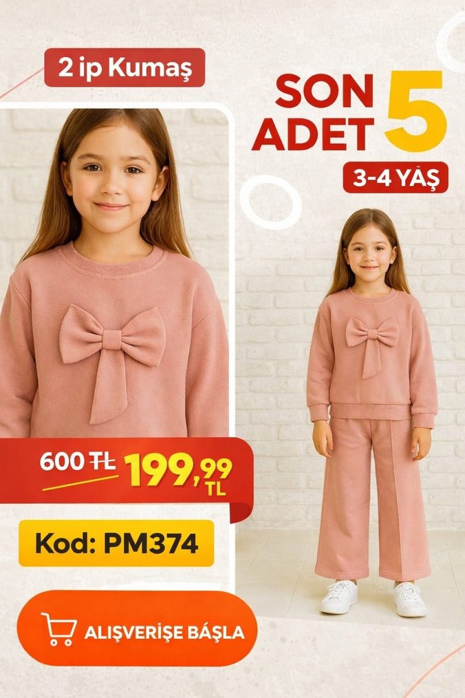 Kız Çocuk Haki Fiyonklu Sweatshirt ve Pantolon - Görsel 3