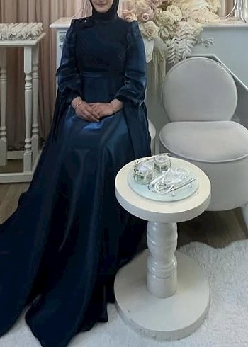 Abiye Parlak Mavi Drapeli Yüksek Yakalı Uzun Abiye