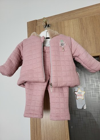 Pembe Nakışlı Kürklü Bebek Kız Takımı