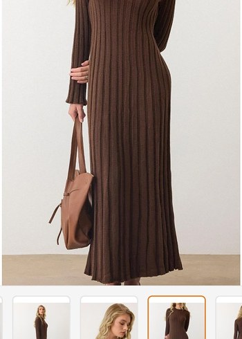 Kahverengi triko elbise - Görsel 4