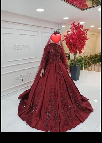 Bordo Uzun Kollu Yüksek Yakalı Dantelli Abiye