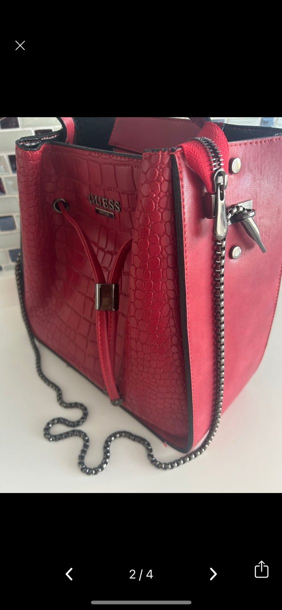 Kırmızı Zincir Detaylı Yılan Desenli Deri Çanta - Görsel 2