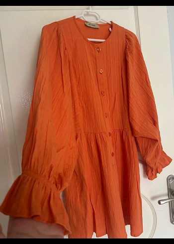 Turuncu Pilili Uzun Kollu Midi Tunik - Görsel 2