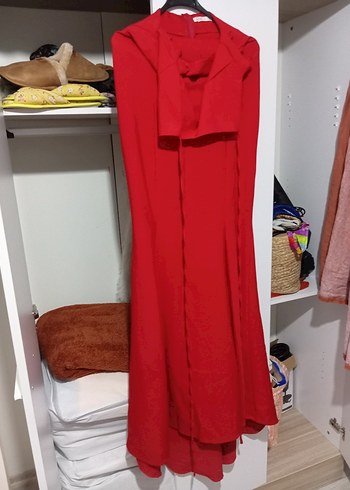 Kolsuz, Uzun, Kırmızı Drapeli Kadın Elbise - Görsel 2