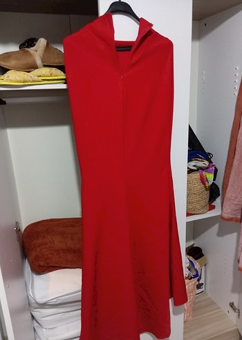 Kolsuz, Uzun, Kırmızı Drapeli Kadın Elbise - Görsel 3