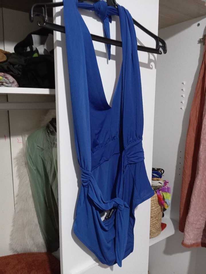 Kadın Lacivert çıtçıtlı boyundan bağlamalı bluz - Görsel 3