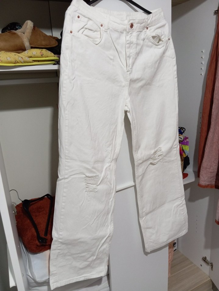 Beyaz Midi Boy Rahat Kesim Kot Pantolon - Görsel 2