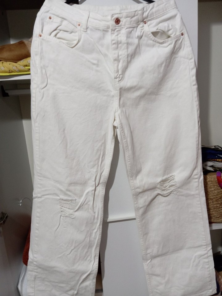 Beyaz Midi Boy Rahat Kesim Kot Pantolon - Görsel 3