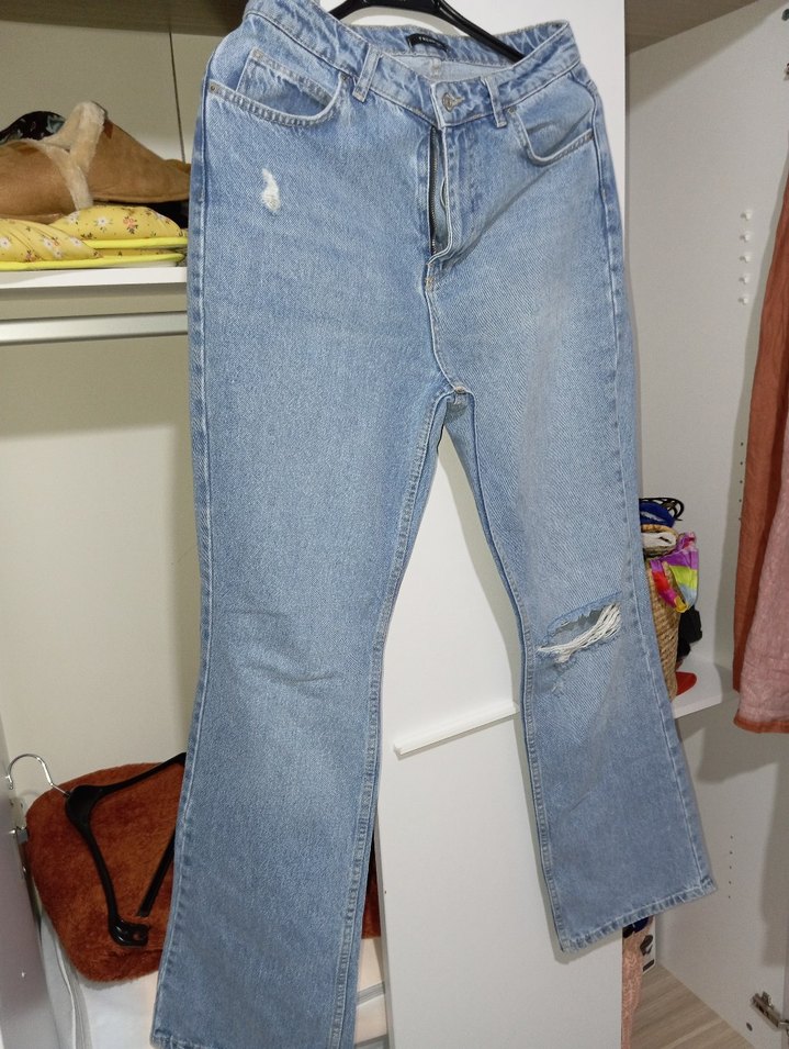 Kadın Mavi Bol Kesim Midi Boy Kot Pantolon - Görsel 3