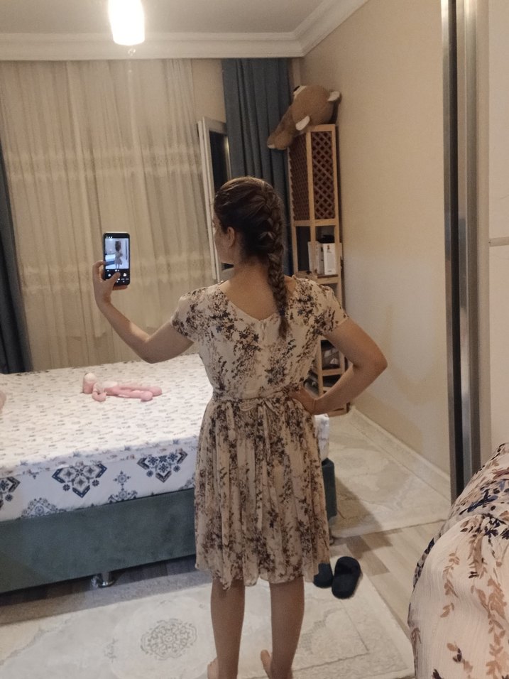 Bej Bohem V Yaka Midi Elbise - Görsel 2