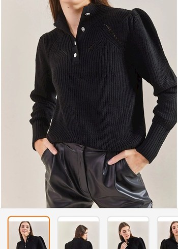 Düğmeli Siyah Deri Görünümlü Triko Kazak - Görsel 4