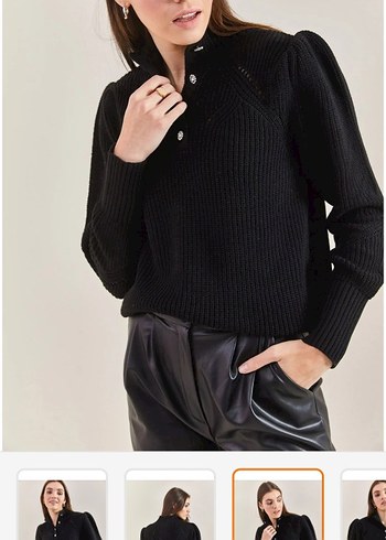 Düğmeli Siyah Deri Görünümlü Triko Kazak - Görsel 2