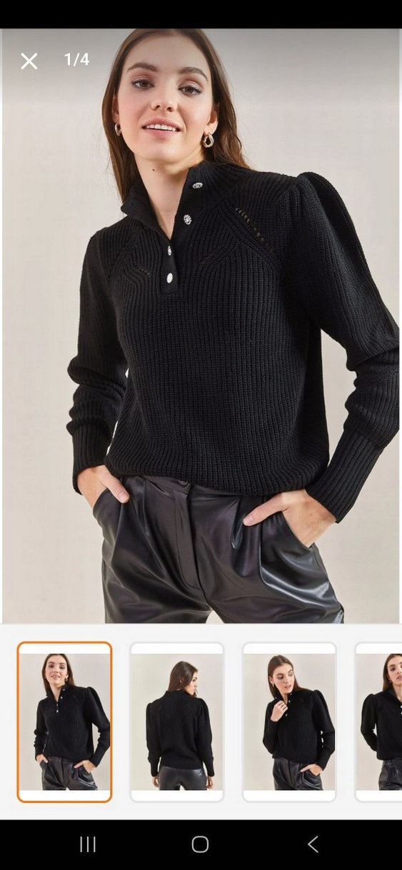 Düğmeli Siyah Deri Görünümlü Triko Kazak - Görsel 4