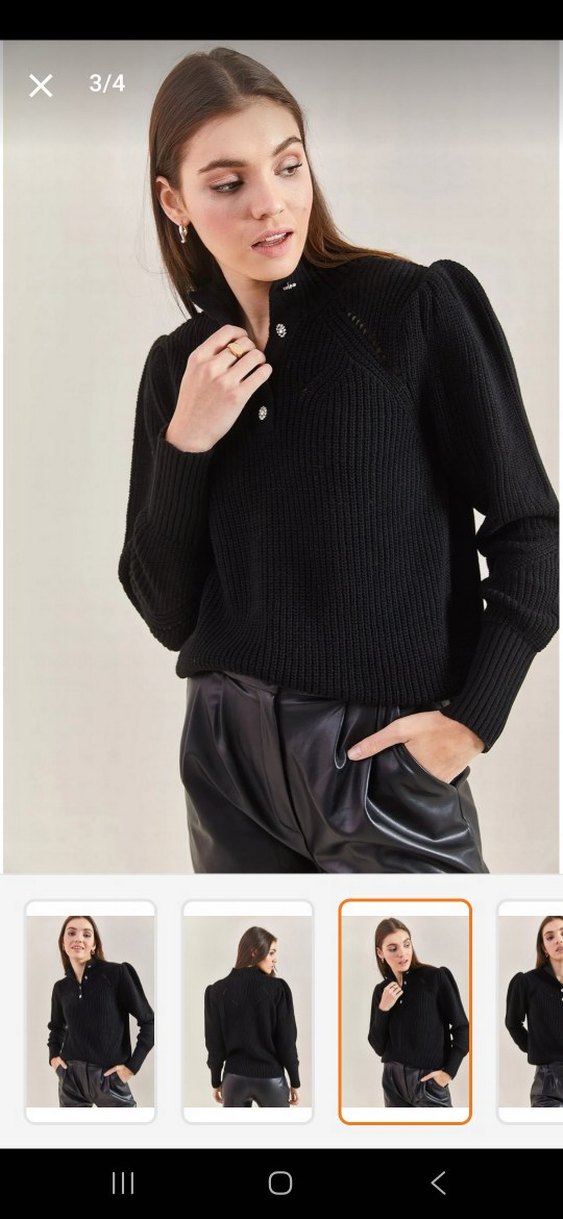 Düğmeli Siyah Deri Görünümlü Triko Kazak - Görsel 2