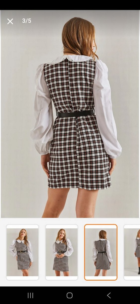 Kahverengi Kareli Kemerli Mini Elbise - Görsel 2