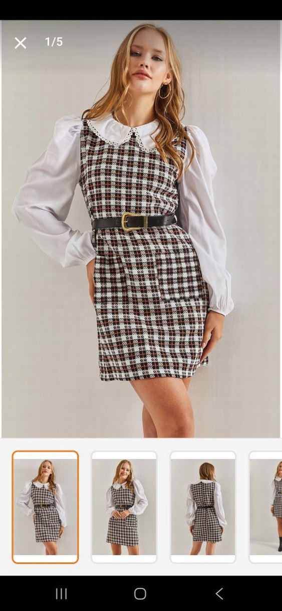 Kahverengi Kareli Kemerli Mini Elbise - Görsel 4