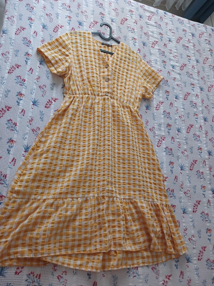 Sarı Kareli V Yaka Midi Elbise - Görsel 2