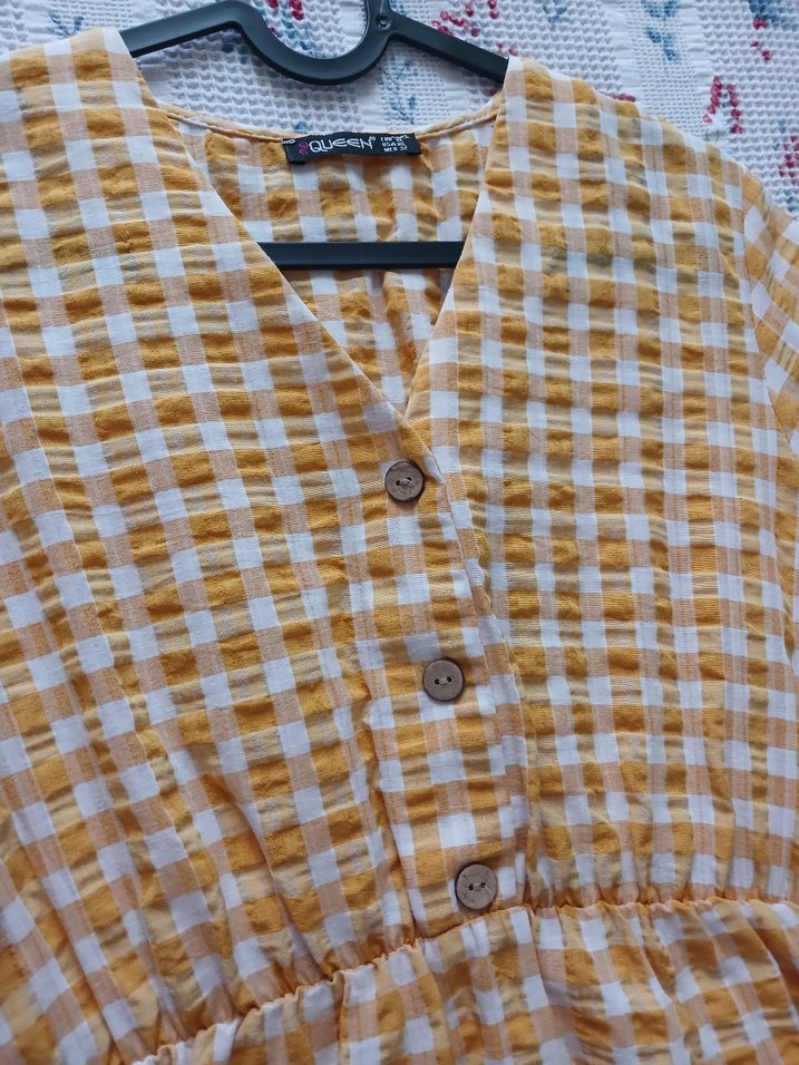 Sarı Kareli V Yaka Midi Elbise - Görsel 3