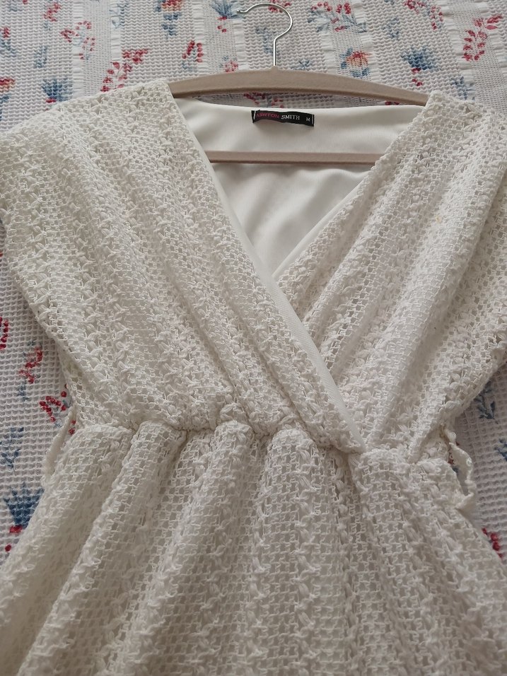 Bohem V Yakalı Beyaz Dantel Örgü Elbise - Görsel 2
