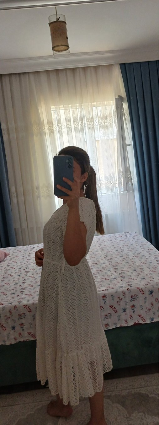 Bohem V Yakalı Beyaz Dantel Örgü Elbise - Görsel 3