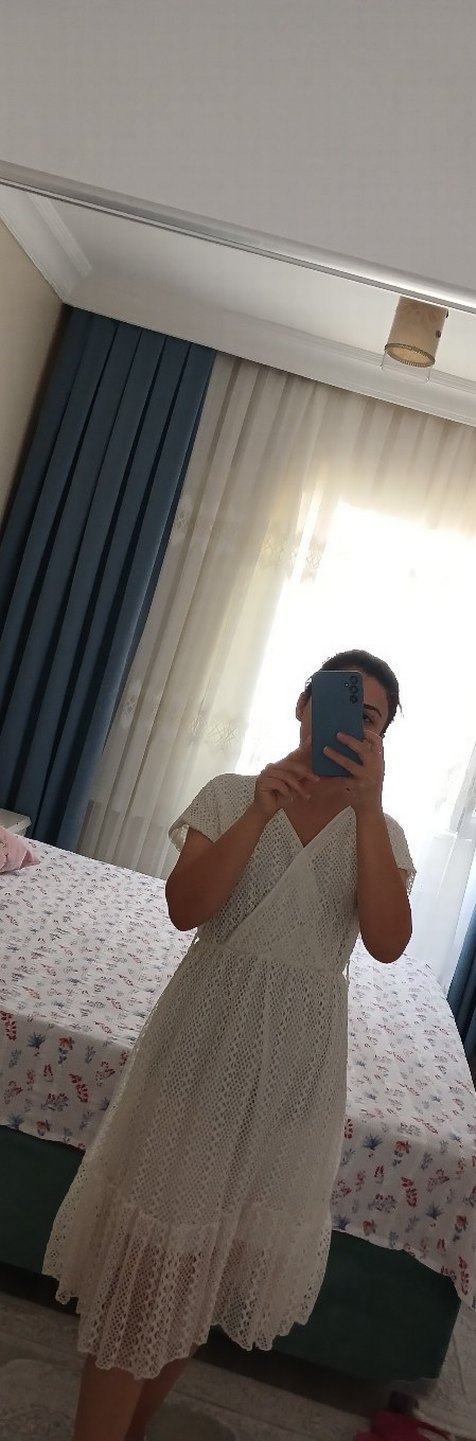 Bohem V Yakalı Beyaz Dantel Örgü Elbise - Görsel 4