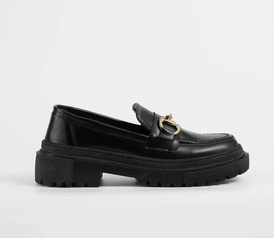 Tokalı Siyah Yılan Derisi Desenli Platform Topuklu Kadın Loafer - Görsel 2