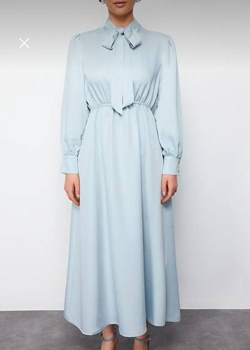 Mavi Uzun Kollu Dökümlü Uzun Elbise - Görsel 4