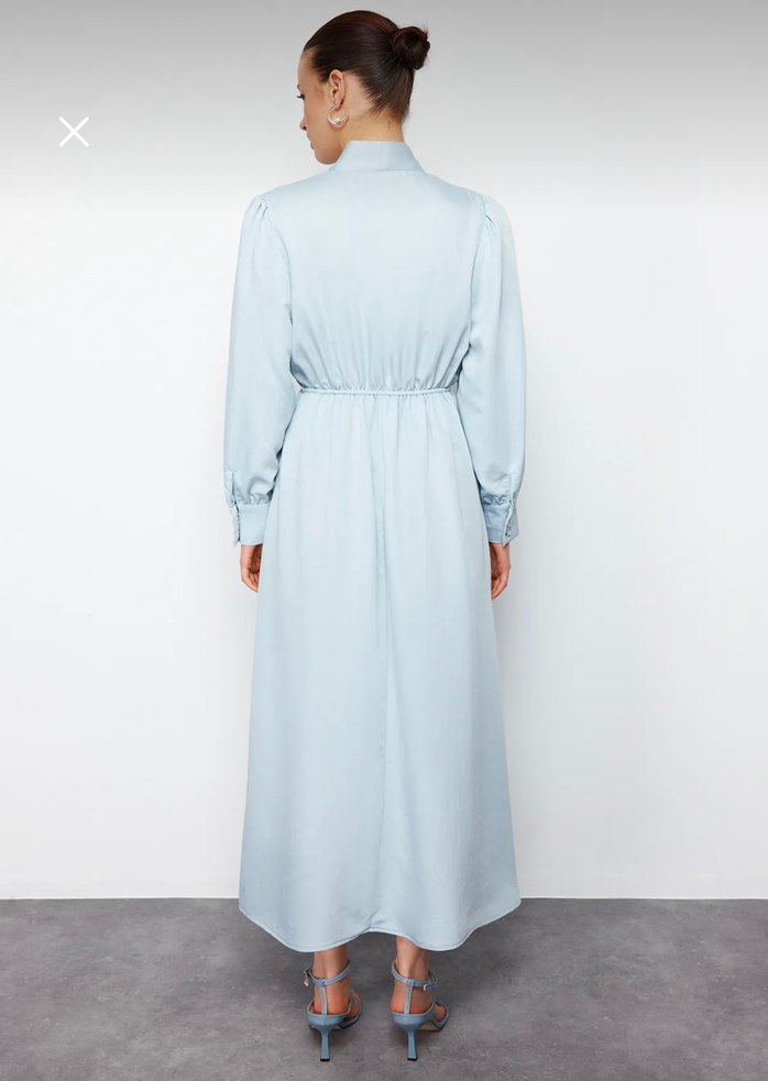 Mavi Uzun Kollu Dökümlü Uzun Elbise - Görsel 5