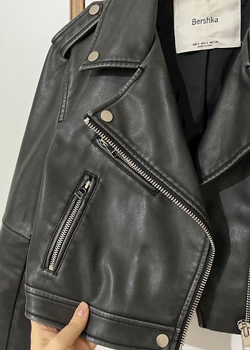 Siyah Deri Kadın Biker Ceket - Görsel 4