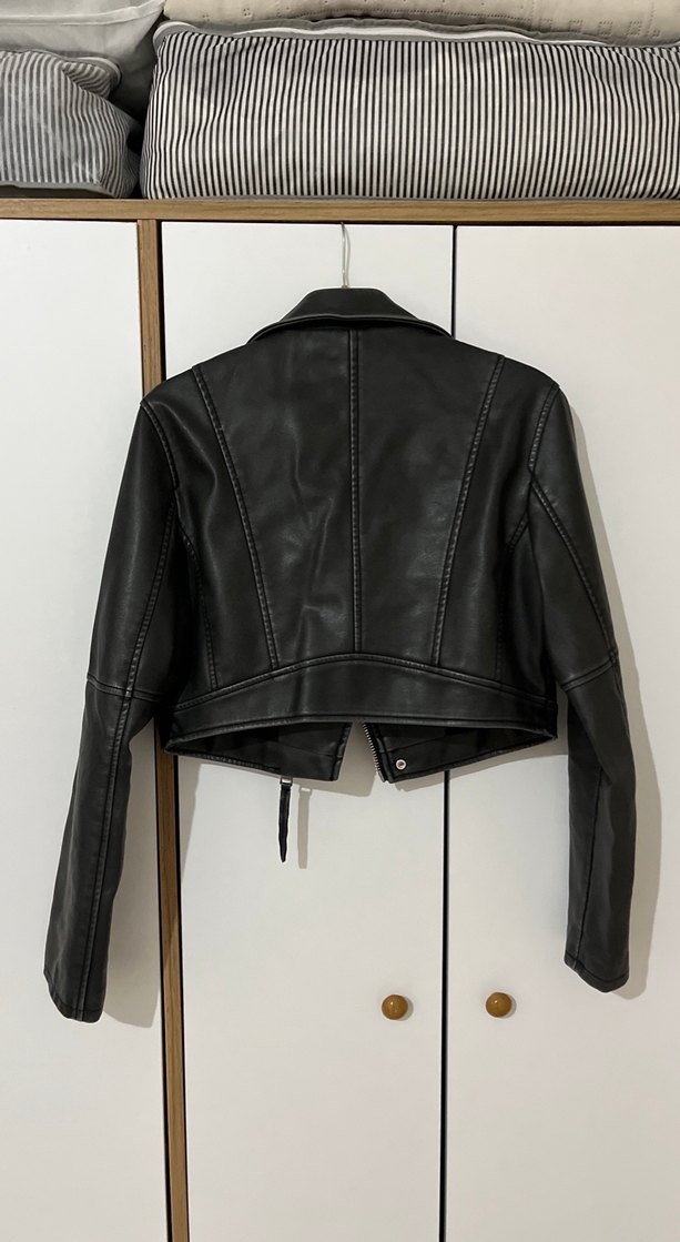 Siyah Deri Kadın Biker Ceket - Görsel 5