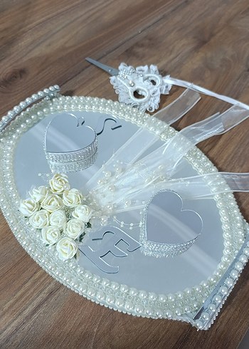 İnci İşlemeli Beyaz Vintage Düğün Tepsisi - Görsel 3