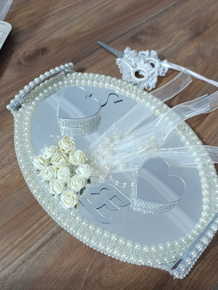 İnci İşlemeli Beyaz Vintage Düğün Tepsisi - Görsel 2
