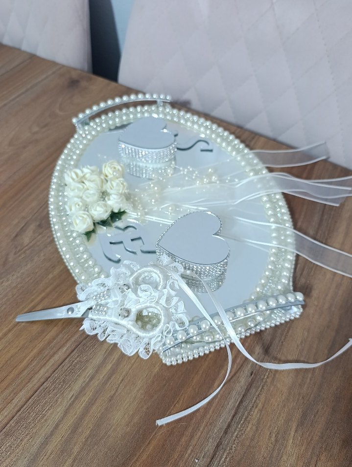 İnci İşlemeli Beyaz Vintage Düğün Tepsisi - Görsel 4