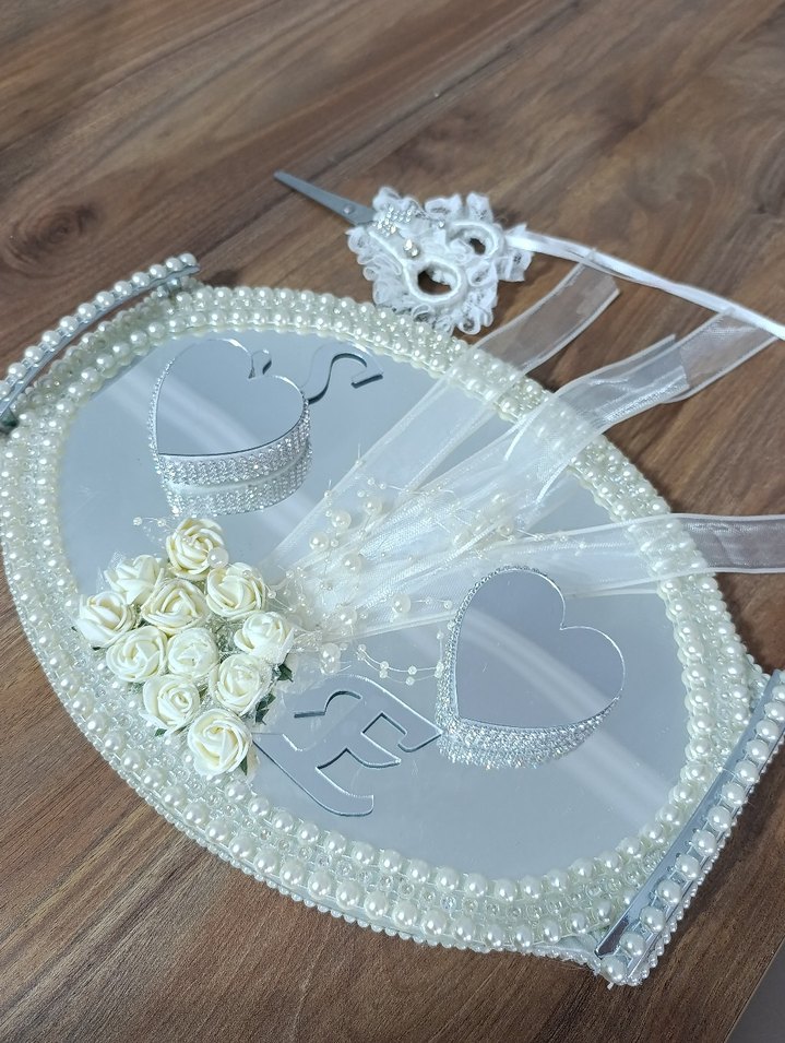 İnci İşlemeli Beyaz Vintage Düğün Tepsisi - Görsel 3