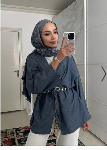 Kot Düğmeli Midi Denim Kimono - Görsel 2