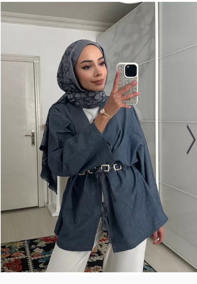 Kot Düğmeli Midi Denim Kimono - Görsel 2