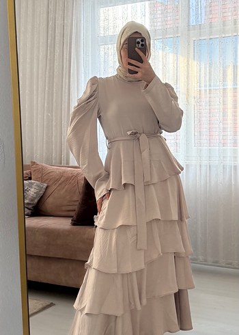 Bej Uzun Kollu Salaş Elbise - Görsel 3