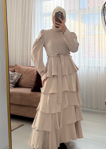 Bej Uzun Kollu Salaş Elbise - Görsel 4