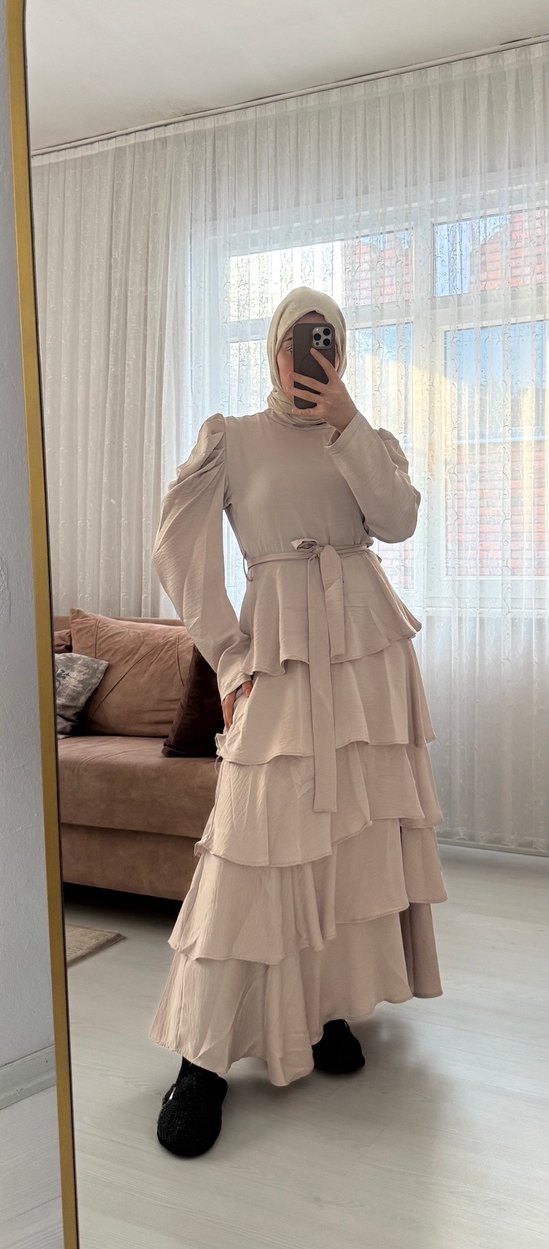 Bej Uzun Kollu Salaş Elbise - Görsel 3