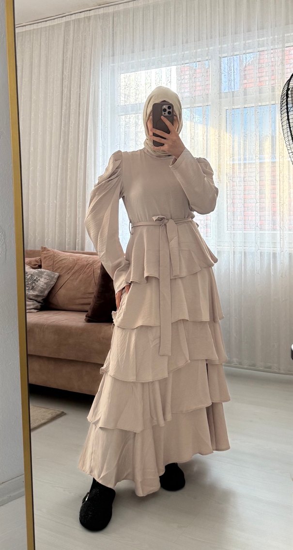 Bej Uzun Kollu Salaş Elbise - Görsel 4