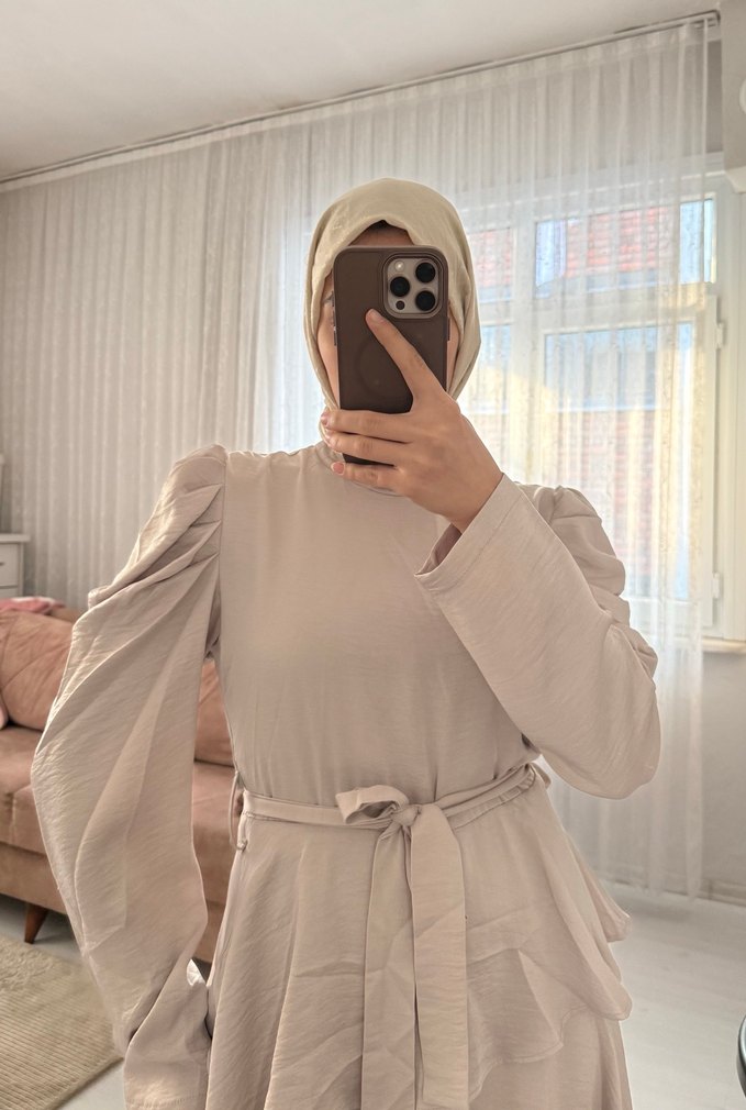 Bej Uzun Kollu Salaş Elbise - Görsel 2