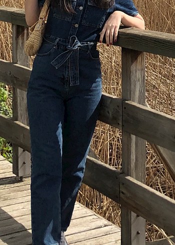 Kadın Lacivert Denim Kısa Kollu Tulum - Görsel 2