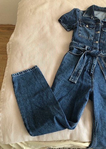Kadın Lacivert Denim Kısa Kollu Tulum - Görsel 3