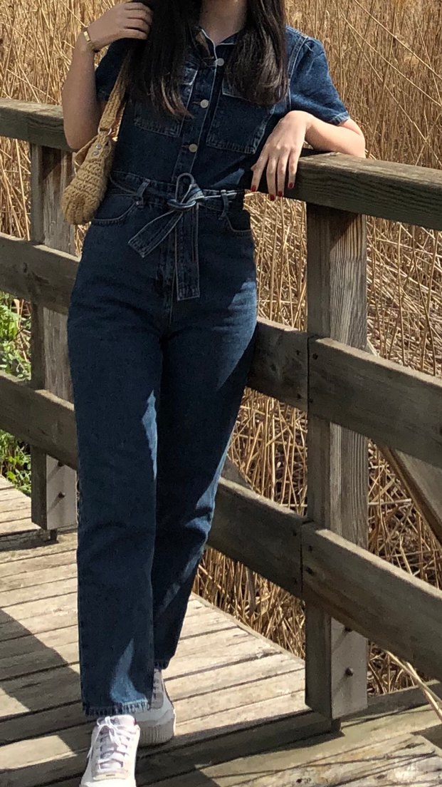 Kadın Lacivert Denim Kısa Kollu Tulum - Görsel 2