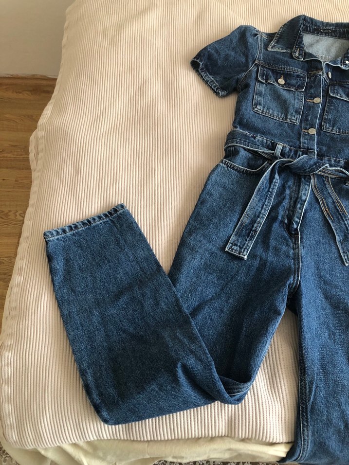 Kadın Lacivert Denim Kısa Kollu Tulum - Görsel 3