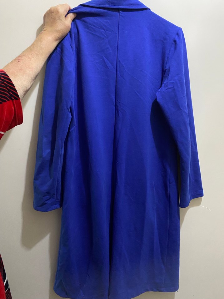 Saks mavisi Düğmeli Uzun Kadın Kaban - Görsel 3