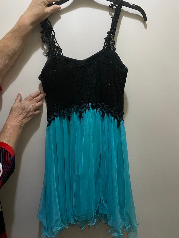 Siyah Dantel Askılı Turkuaz Midi Elbise - Görsel 2