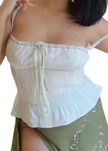 Dantelli Kurdeleli Beyaz Korse Gömlek - Görsel 7