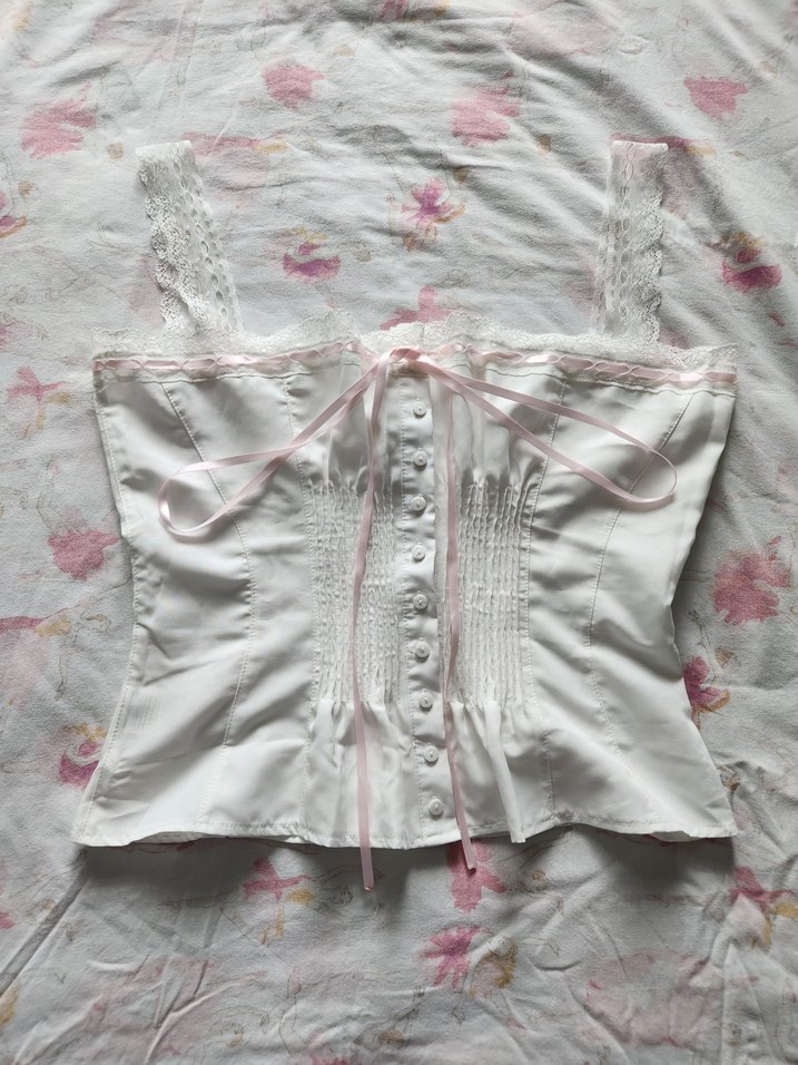 Dantelli Kurdeleli Beyaz Korse Gömlek - Görsel 2
